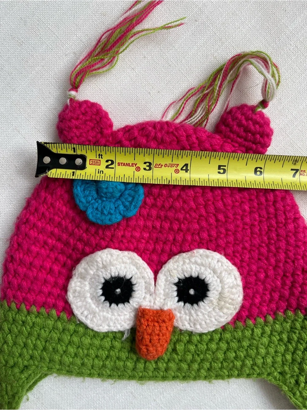 Hand Crafted Pink and Green Owl Earflap Crochet Hat with Blue Flower